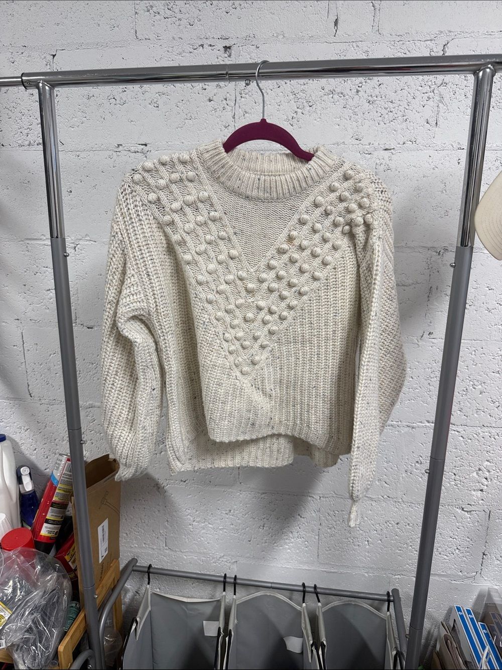 Chunky Cream Pom-Pom V-Neck Knit Sweater SAYLOR - Size XS Like New